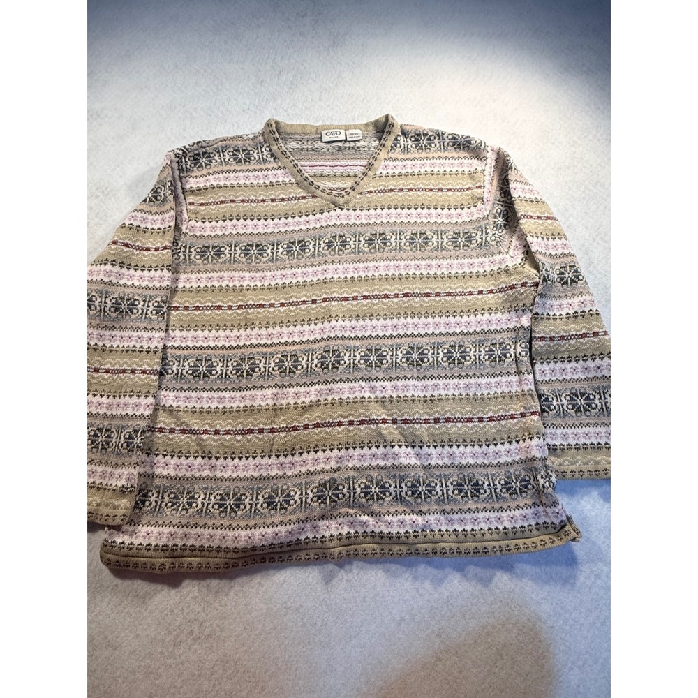 Cato Woman Fair Isle Knit Sweater V-Neck Tan Pink Blue Cotton Blend Size 18/20